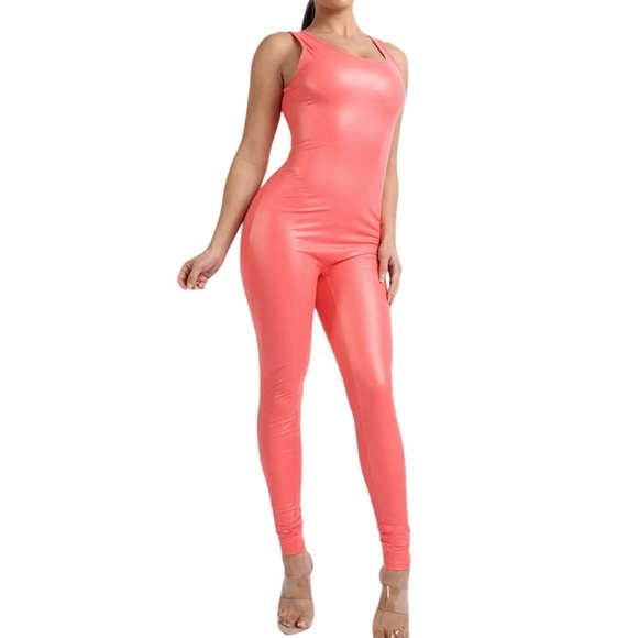 Coral Jumpsuit Sexy Bodycon Sleeveless Faux Leather Matte PU Tank One Piece
New - Picture 6 of 10